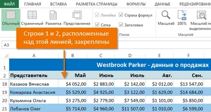 Excel 2013 zonele de fixare în Excel - rânduri și coloane congela