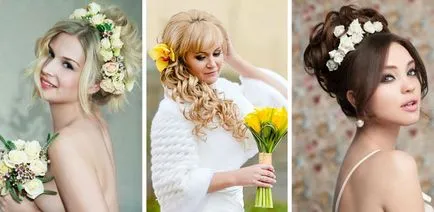 Coafuri de mireasa cu flori pe fotografie mediu și lung păr