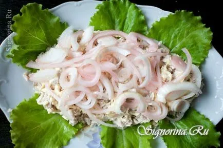 Salata Puff cu carne de pui, ciuperci, brânză și prune reteta cu foto (puf) Salata Puff cu carne de pui, ciuperci, brânză și prune reteta cu o fotografie