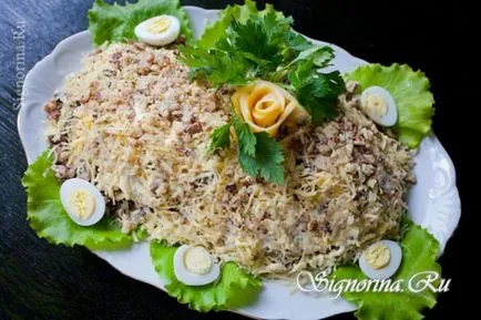 Salata Puff cu carne de pui, ciuperci, brânză și prune reteta cu fotografie (salata) Salata Puff cu carne de pui, ciuperci, brânză și prune reteta cu o fotografie