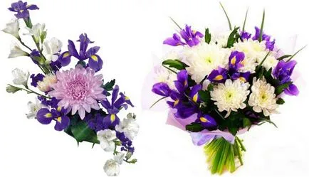Buchet de irisi si trandafiri, gerbera, crizanteme (foto)