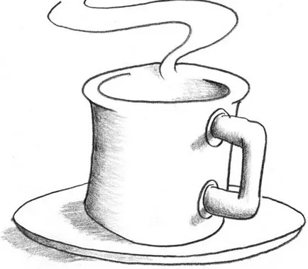 Cum să atragă un vulcan în etape ca creion pentru a desena o cană de cafea în creion 3d