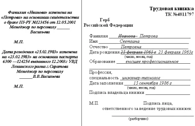 Cum de a corecta erorile din pagina de titlu a numelui de carte de muncă, prenumele, patronimicul, data (de intrare în registrul de lucru privind schimbarea numelui) Cum de a corecta erorile din pagina de titlu a numelui de carte de muncă, prenumele, patronimicul, data