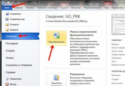 Cum de a elimina modul de funcționalitate redusă în MS Word