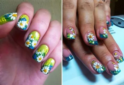 manichiura frumoasa cu margarete pe unghiile ei - franceză, luna, picturi, design tri-dimensională