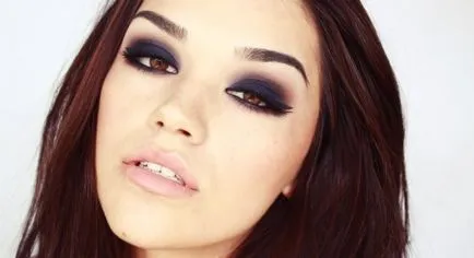 Machiaj - smoky eyes - cu nuanțe de albastru pentru ochi cu fard de ochi albastru, și aur, care ruj