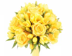 Galben mireasa buchet - in combinatie cu flori albastre și albe (bujori) Galben mireasa buchet - in combinatie cu culorile albastru și alb