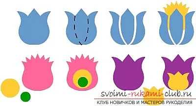 Cum de a face o plat și trei appliqué-dimensională de hârtie colorată, diferite tipuri de aplicații și etapa (flori Appliqué) Cum de a face o plat și trei appliqué-dimensională de hârtie colorată, diferite tipuri de aplicații și etapa