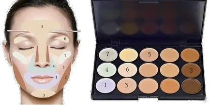 Correctore pentru fata de a utiliza, paleta de culori, tipuri (culori) Correctore pentru fata de a utiliza, paleta de culori, tipuri