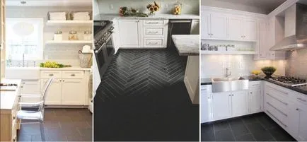 Design țiglă în bucătărie purtând un șorț și pe podea (foto)