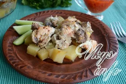 Csirke gombával és a burgonya a sütőben recept fényképpel (gomba) Csirke gombával és a burgonya a sütőben recept egy fotó