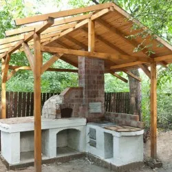 Kerti pavilonok, grill grill és sütő nyári konyha a kezével, rajzok, tervek, fotók, videók