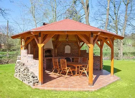Kerti pavilonok, grill grill és sütő nyári konyha a kezével, rajzok, tervek, fotók, videók