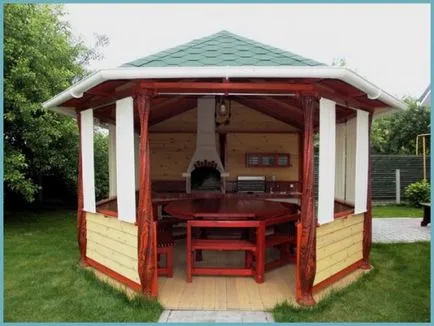 Kerti pavilonok, grill grill és sütő nyári konyha a kezével, rajzok, tervek, fotók, videók