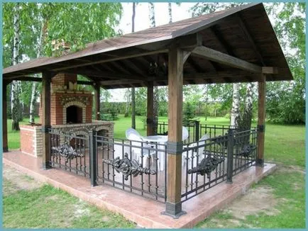Kerti pavilonok, grill grill és sütő nyári konyha a kezével, rajzok, tervek, fotók, videók