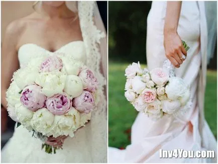 Készítmények esküvői csokrok pionokról, liliom, tulipán, liliom, orchidea, szegfű, brossok és