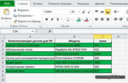 A cellák az Excel 2010