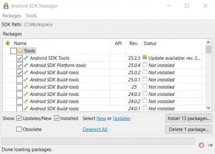 Kialakítása beállítva Android SDK