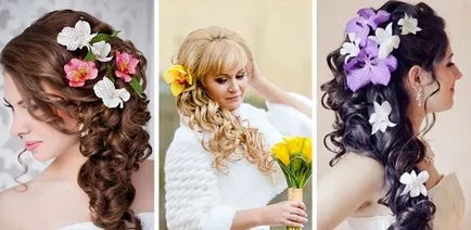 Esküvői frizurák virággal hosszú és közepes haj fotó