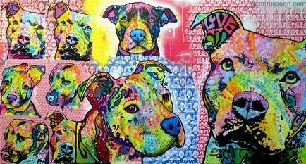 Alkotó Dean Russo, festmény portrék kutyák, pitbull védelem, novella hosszú tacskó