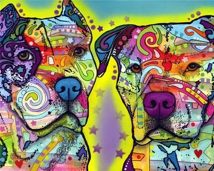 Alkotó Dean Russo, festmény portrék kutyák, pitbull védelem, novella hosszú tacskó