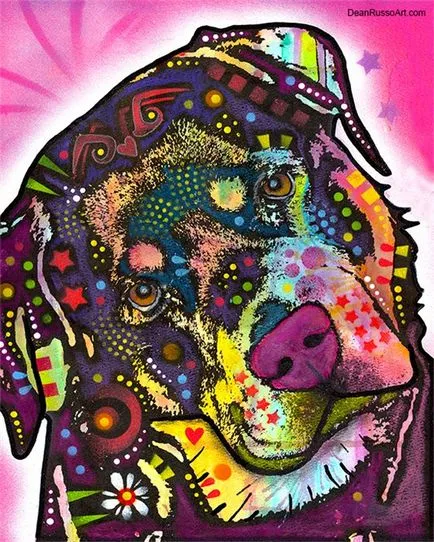 Alkotó Dean Russo, festmény portrék kutyák, pitbull védelem, novella hosszú tacskó