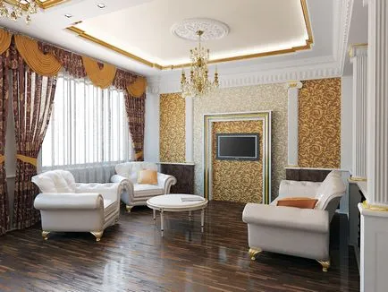 A belső tér a nappaliban egy klasszikus stílusú, gyönyörű modern design a szobában
