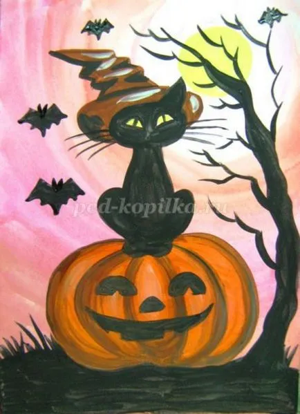 Hogyan kell felhívni a posztert a Halloween a kezüket az iskolában fokozatosan fényképpel (papír függőlegesen) Hogyan kell felhívni a posztert a Halloween a kezüket az iskolai szakaszban fotókkal