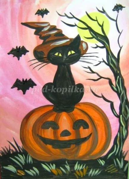 Hogyan kell felhívni a posztert a Halloween a kezüket az iskolában fokozatosan fényképpel (papír függőlegesen) Hogyan kell felhívni a posztert a Halloween a kezüket az iskolai szakaszban fotókkal