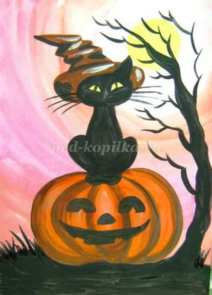 Hogyan kell felhívni a posztert a Halloween a kezüket az iskolában fokozatosan fényképpel (papír függőlegesen) Hogyan kell felhívni a posztert a Halloween a kezüket az iskolai szakaszban fotókkal