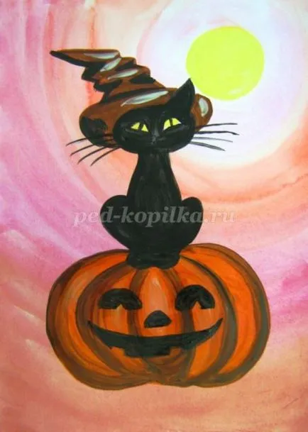 Hogyan kell felhívni a posztert a Halloween a kezüket az iskolában fokozatosan fényképpel (papír függőlegesen) Hogyan kell felhívni a posztert a Halloween a kezüket az iskolai szakaszban fotókkal