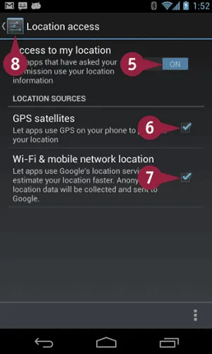 Beállítási helyzet elhelyezkedését android