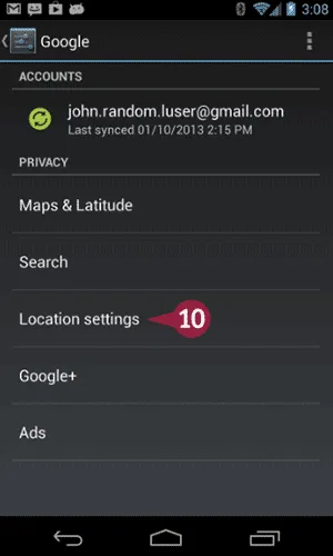 Beállítási helyzet elhelyezkedését android