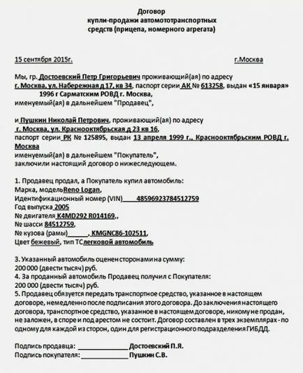 A mintákat standard adásvételi szerződések autó