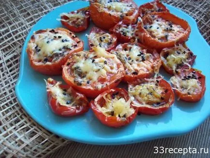 Paradicsom, sült sajttal kemencében, a recept egy fotó (fokhagyma) Paradicsom, sült sajttal kemencében, a recept egy fotót