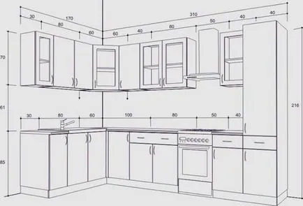 Bucătărie cu desenele sale mâini și diagrame, cum să calculeze dimensiunea și detalierea, video și fotografii