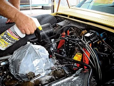 Spălare Motorul de murdărie și ulei ca motor de spălare a unui depozit, mașinile de conducător auto (motor) Sus curată a uleiului de motor și murdărie sub formă de funingine de spălare din motor, șoferul mașinii