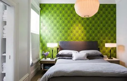 interior Dormitor cu tapet combinație armonioasă de două tipuri (40 poze)