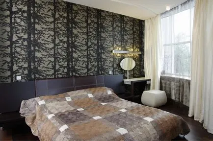interior Dormitor cu tapet combinație armonioasă de două tipuri (40 poze)