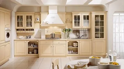 Bej bucătărie, clasică și interioare moderne, alegerea de gresie, hote, mobilier, perdele și decor,