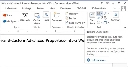 Cum se introduce o suplimentare built-in și personalizate proprietăți în document word