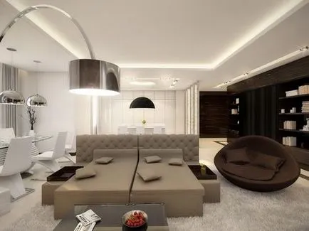 Stilul high-tech în fotografii de interior dormitor, living, bucatarie, baie
