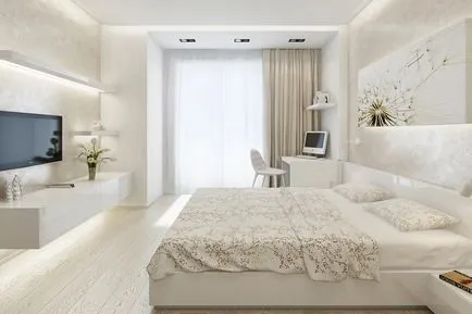 Design interior cameră mică și îngustă dormitor cu balcon sau loggie într-un apartament de proiecte