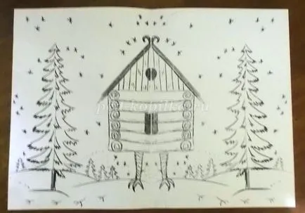 Cum de a desena o colibă ​​de etape creion Baba Yaga cu fotografii de copii de 5-6-7 ani