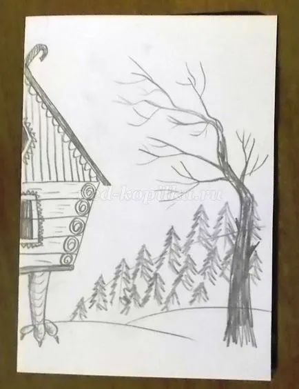 Cum de a desena o colibă ​​de etape creion Baba Yaga cu fotografii de copii de 5-6-7 ani