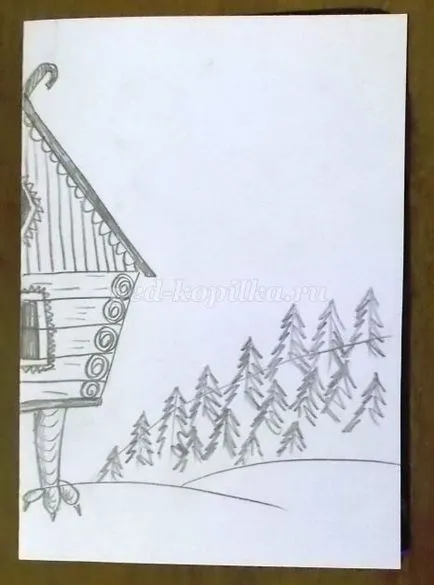 Cum de a desena o colibă ​​de etape creion Baba Yaga cu fotografii de copii de 5-6-7 ani