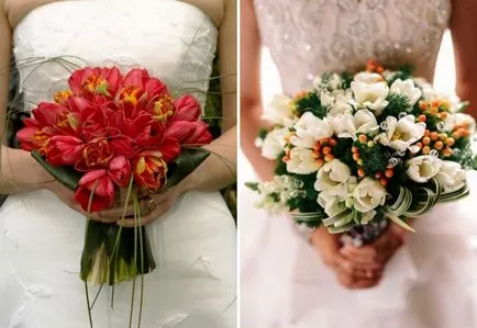 Frumos buchet de mireasa elegant de lalele și iriși, trandafiri, bujori, frezii