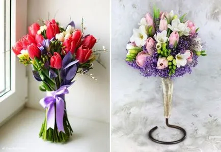 Frumos buchet de mireasa elegant de lalele și iriși, trandafiri, bujori, frezii