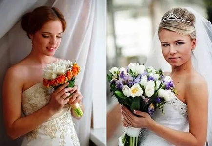 Frumos buchet de mireasa elegant de lalele și iriși, trandafiri, bujori, frezii