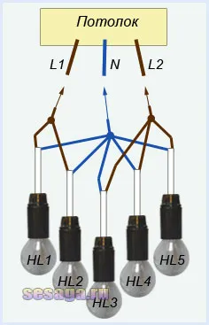 Scheme de conexiuni lustre cu 2, 3, 5 lămpi (concluzii lămpi maro) Scheme de conexiuni lustre cu 2, 3, 5 lămpi